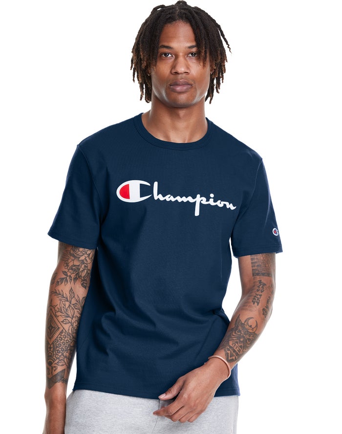 Champion Herre T-Shirts Blå - Heritage Vintage Logo - Danmark ZHI-085671